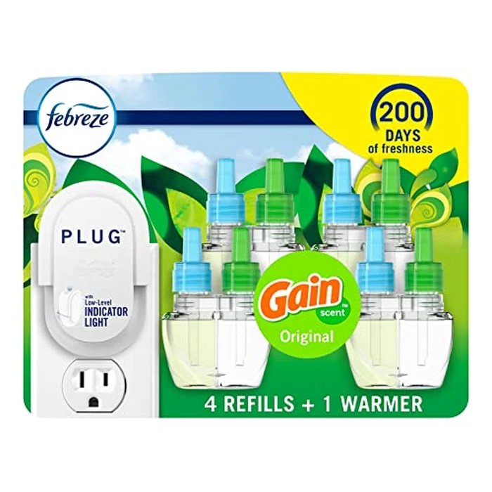 Febreze Plug-In Air Freshener, Odor-Fighting Scented Oil Starter Kit, Air Fresheners for Home, Bathroom and Kitchen, Long Lasting, Gain Original Scent, Warmer + 4 Refill, Multicolor by Febreze - Image 1
