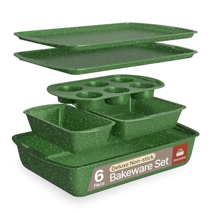 BAKKEN Kitchen Baking Pan Set - Nonstick Green Marble Coating, Commercial Grade Carbon Steel Bakeware Sets, Baking Kitchen Essentials, PFOA, PFOS, PTFE Free, Oven Safe Tray (Up to 450 degrees F), Set of 6 by Bakken- Swiss - Image 1