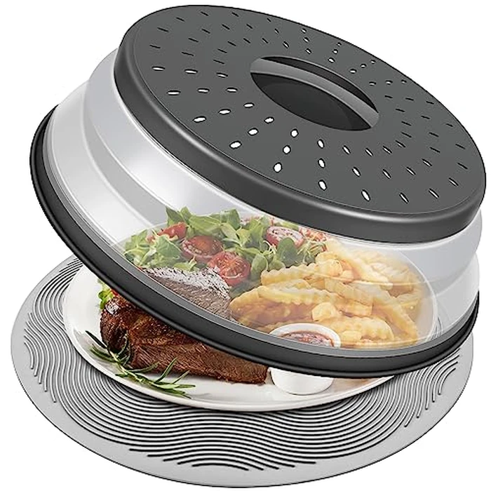 LekDrok 10 Inch Microwave Food Cover & Collapsible Silicone Mat - Splatter Guard, Plate Holder & Kitchen Colander for Meal Prep, Charcoal by LekDrok - Used - Like New condition