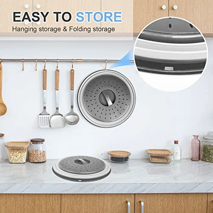 LekDrok 10 Inch Microwave Food Cover & Collapsible Silicone Mat - Splatter Guard, Plate Holder & Kitchen Colander for Meal Prep, Charcoal by LekDrok - Image 5