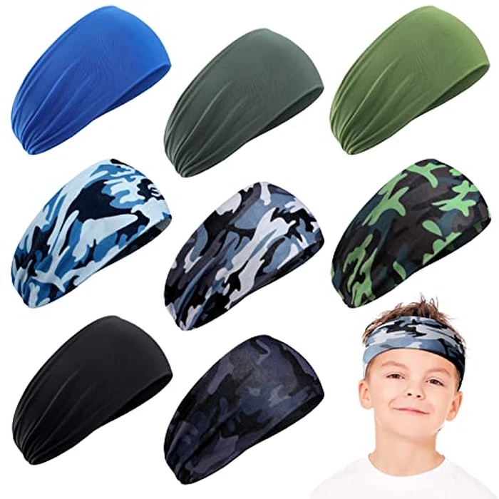 Zhanmai 8 Pieces Boys Headbands Athletic Sweatbands Kids Sports Wicking Headbands Breathable Headbands Elastic Sweat Headband Girls Boys for Football Basketball Running Exercise(Camo and Plain) by Zhanmai - Used - Like New condition