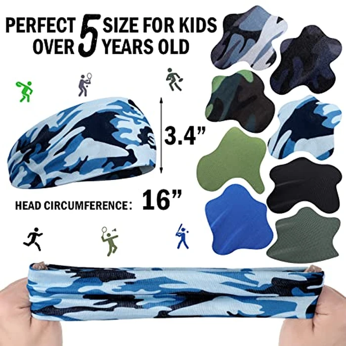 Zhanmai 8 Pieces Boys Headbands Athletic Sweatbands Kids Sports Wicking Headbands Breathable Headbands Elastic Sweat Headband Girls Boys for Football Basketball Running Exercise(Camo and Plain) by Zhanmai - Image 3