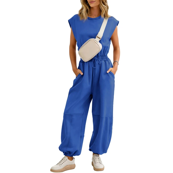 Flygo Womens Casual Jumpsuit Crewneck Cap Sleeve Long Wide Leg Pants One Piece Outfits Drawstring Romper with Pockets(Blue-S) by Flygo - Image 1