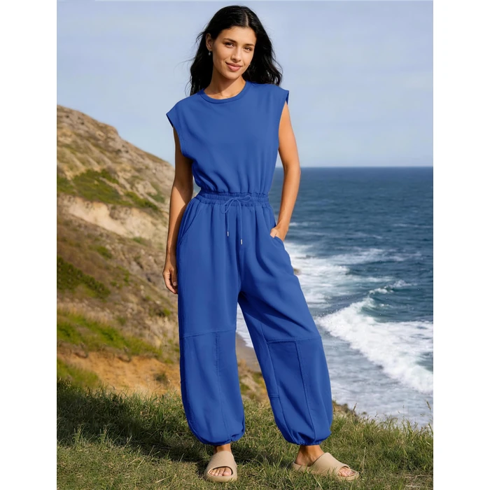 Flygo Womens Casual Jumpsuit Crewneck Cap Sleeve Long Wide Leg Pants One Piece Outfits Drawstring Romper with Pockets(Blue-S) by Flygo - Image 2