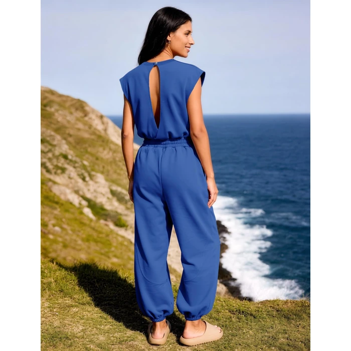 Flygo Womens Casual Jumpsuit Crewneck Cap Sleeve Long Wide Leg Pants One Piece Outfits Drawstring Romper with Pockets(Blue-S) by Flygo - Image 4