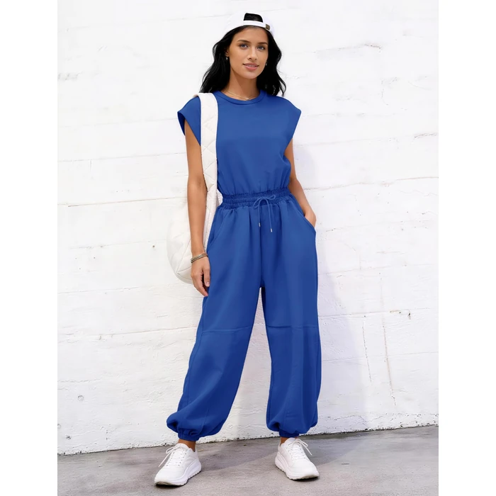 Flygo Womens Casual Jumpsuit Crewneck Cap Sleeve Long Wide Leg Pants One Piece Outfits Drawstring Romper with Pockets(Blue-S) by Flygo - Image 5