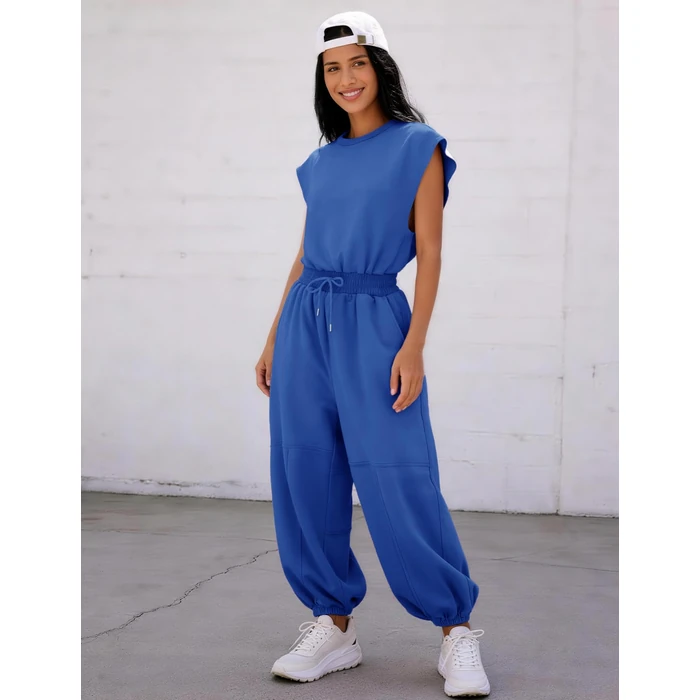 Flygo Womens Casual Jumpsuit Crewneck Cap Sleeve Long Wide Leg Pants One Piece Outfits Drawstring Romper with Pockets(Blue-S) by Flygo - Image 6