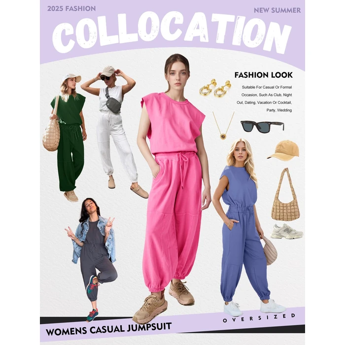 Flygo Womens Casual Jumpsuit Crewneck Cap Sleeve Long Wide Leg Pants One Piece Outfits Drawstring Romper with Pockets(Blue-S) by Flygo - Image 7