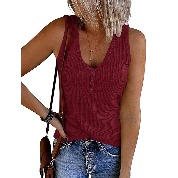 MEROKEETY Women's 2026 Summer Sleeveless Tank Tops V Neck Ribbed Dressy Casual Henley Shirts Button Loose Cami Tees, Wine, S by MEROKEETY - Image 1