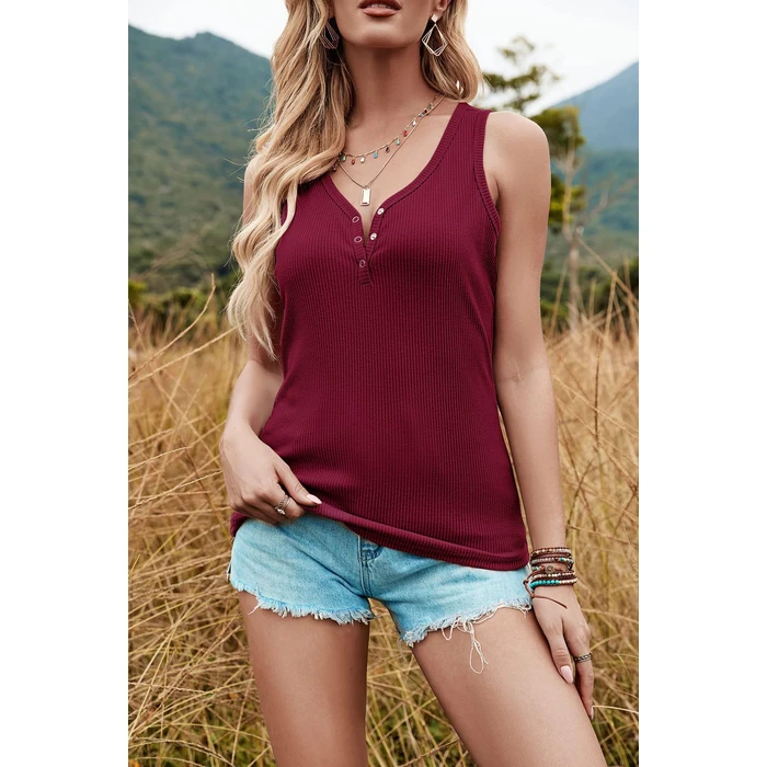 MEROKEETY Women's 2026 Summer Sleeveless Tank Tops V Neck Ribbed Dressy Casual Henley Shirts Button Loose Cami Tees, Wine, S by MEROKEETY - Image 2