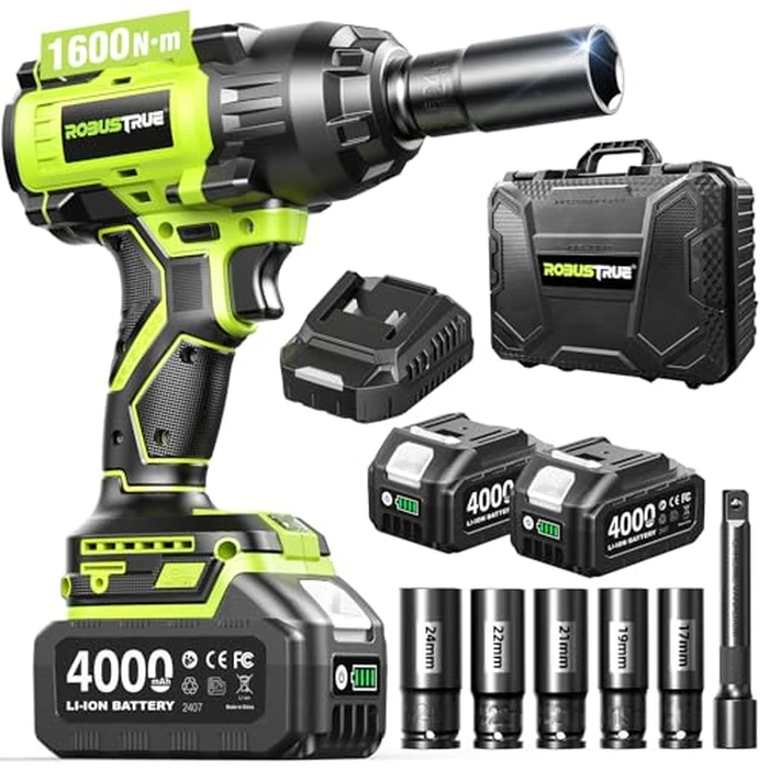 Robustrue 1600N.m (1180ft-lbs) Cordless Impact Wrench, 1/2 High Torque Brushless Impact Gun, 2400RPM Power, 2 x 4.0Ah Batteries, Fast Charger, Impact Wrench for Heavy Duty Truck RV Mower by Robustrue - Used - Like New condition