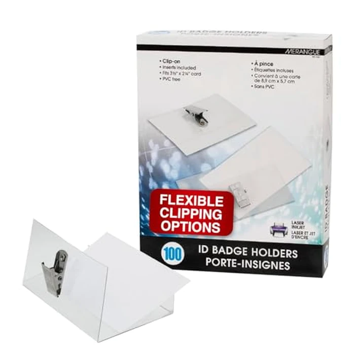Merangue ID Badge Holder, Versatile ID Card Holder with Clip, PVC-Free Plastic Name Tag Holder with Paper Inserts, Fits 3.5” x 2.25” Cards, Pack of 100, Clear by Merangue - Used - Like New condition - CA$11.78