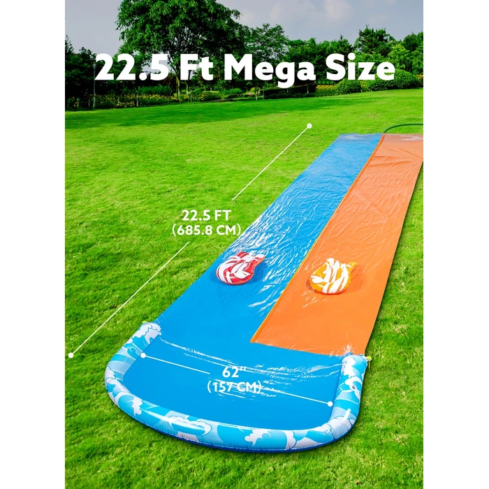 JOYIN 22.5ft Water Slides and 2 Bodyboards, Lawn Water Slide Summer Slip Waterslides Water Toy with Build in Sprinkler for Backyard Outdoor Water Fun for Kids by JOYIN - Used - Like New condition - US$30.93
