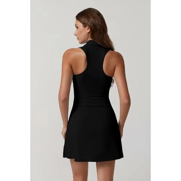 QINSEN Womens Tennis Dress with Shorts with Pockets Sleveless Polo Neck Workout Dresses Black M by QINSEN - Image 5