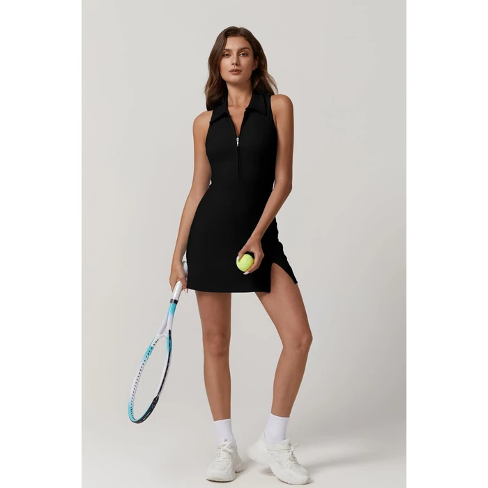 QINSEN Womens Tennis Dress with Shorts with Pockets Sleveless Polo Neck Workout Dresses Black M by QINSEN - Image 7