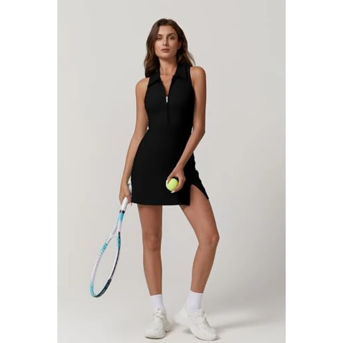 QINSEN Womens Tennis Dress with Shorts with Pockets Sleveless Polo Neck Workout Dresses Black M by QINSEN - Image 8