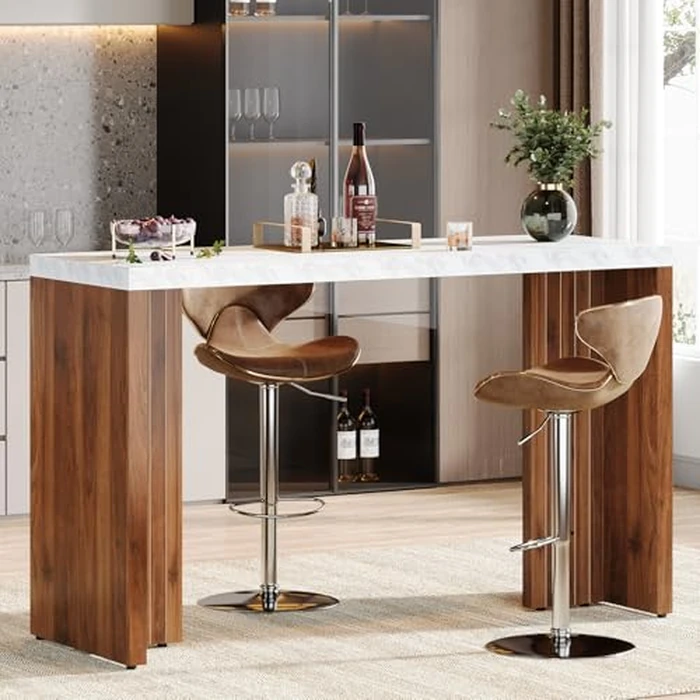 Tribesigns Home Bar Unit, 55.12-Inch Bar Table with a Faux Marble Finished Tabletop, Modern Freestanding Mini Bar for Home Kitchen, Living Room, Balcony, Basement, Walnut & White by Tribesigns - Used - Acceptable condition - CA$131.37