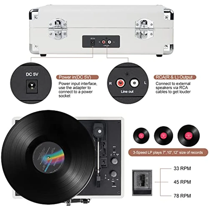 DIGITNOW! Turntable Record Player 3speeds with Built-in Stereo Speakers, Supports USB/RCA Output/Headphone Jack / MP3 / Mobile Phones Music Playback,Suitcase design by BR - Image 3