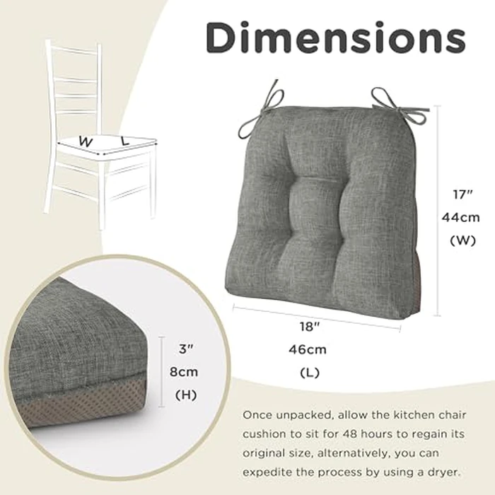 AddGrace Chair Cushions for Dining Chairs Set of 1 Kitchen Seat Cushions with Ties and Non Slip Backing Tufted Indoor Seat Pad for Kitchen Dining Room 18" x 17" x 3" Light Grey by AddGrace - Image 2