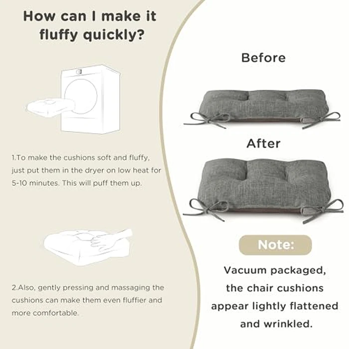 AddGrace Chair Cushions for Dining Chairs Set of 1 Kitchen Seat Cushions with Ties and Non Slip Backing Tufted Indoor Seat Pad for Kitchen Dining Room 18" x 17" x 3" Light Grey by AddGrace - Image 5
