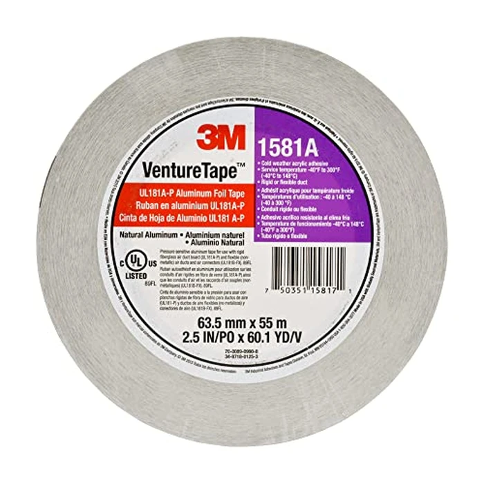 3M Venture Tape UL181A-P Aluminum Foil Tape 1581A, Rigid and Flexible Duct Seaming, Durable, Cold Weather Adhesion, 2.5 in x 60 yd, 2 mil (Pack of 1) by 3M - Image 1