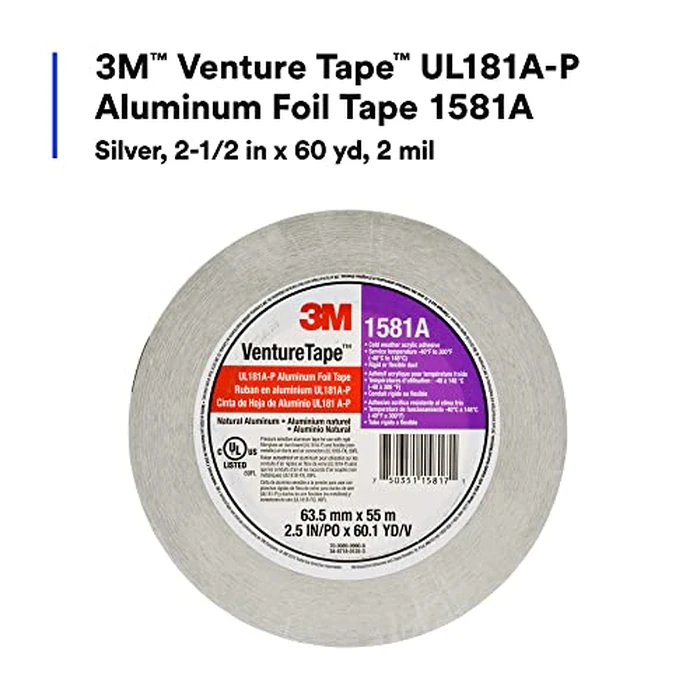 3M Venture Tape UL181A-P Aluminum Foil Tape 1581A, Rigid and Flexible Duct Seaming, Durable, Cold Weather Adhesion, 2.5 in x 60 yd, 2 mil (Pack of 1) by 3M - Image 2