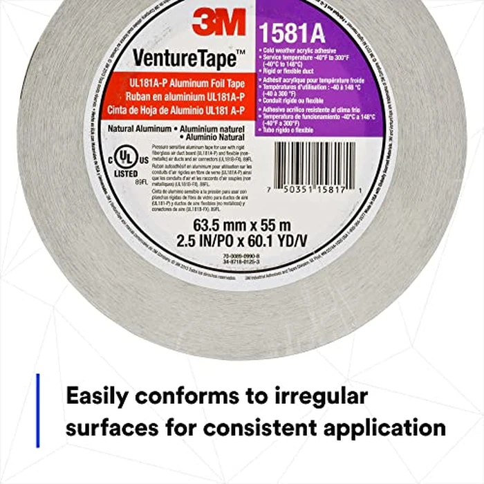 3M Venture Tape UL181A-P Aluminum Foil Tape 1581A, Rigid and Flexible Duct Seaming, Durable, Cold Weather Adhesion, 2.5 in x 60 yd, 2 mil (Pack of 1) by 3M - Image 5