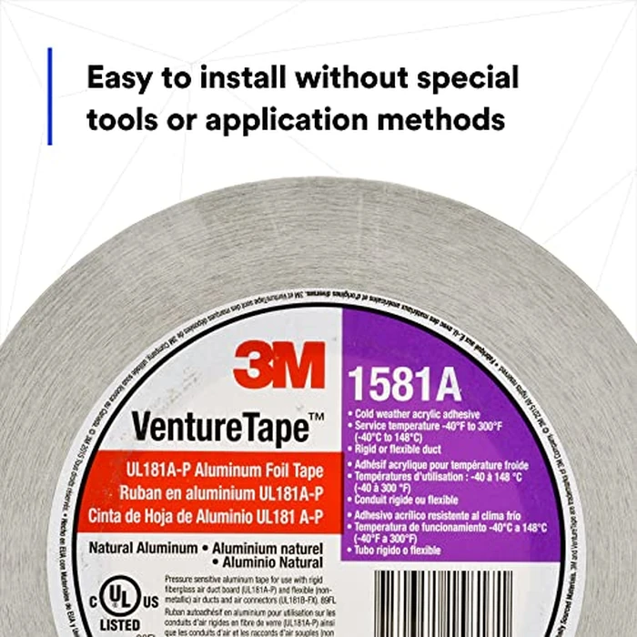 3M Venture Tape UL181A-P Aluminum Foil Tape 1581A, Rigid and Flexible Duct Seaming, Durable, Cold Weather Adhesion, 2.5 in x 60 yd, 2 mil (Pack of 1) by 3M - Image 6