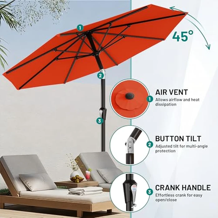 AreShark 9 FT Patio Umbrella for Outdoor, Outdoor Table Umbrella with Push Button Tilt and Crank, Outdoor Patio Umbrellas with 8 Sturdy Ribs for Market, Garden, Pool (Orange) by AreShark - Image 5