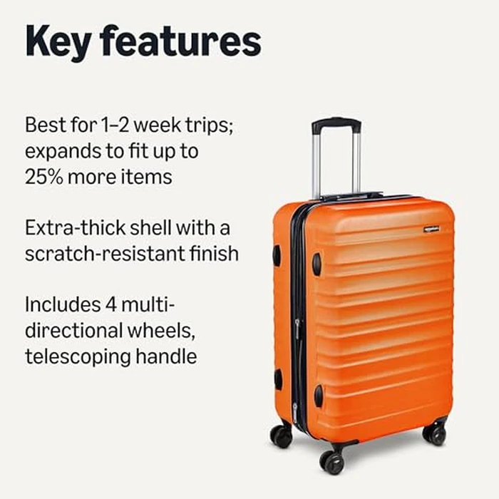 Amazon Basics 26-Inch Hardside Checked Luggage, Hardshell Suitcase With Wheels, Expandable For Up to 15% More Space, With Scratch-Resistant Surface, Four Multi-directional Wheels, Orange by Amazon Basics - Image 2