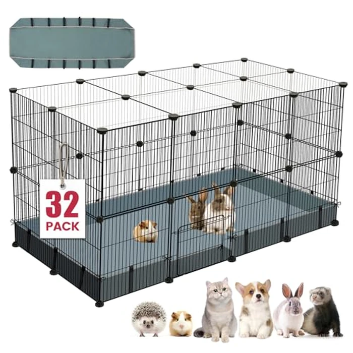 32 Panels Small Animal Playpen,47.5" x 23.7" x 31.5" Pet Playpen with Upgrade Waterproof Mat,C&C Cage for Guinea Pigs, Rabbit/Bunny Cage, Bunny/Puppy Play Pen, Indoor Outdoor Portable Metal Fence by VISCOO - Image 1