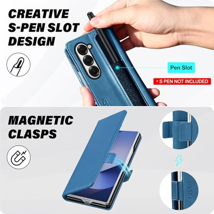 TUCCH Case Wallet for Galaxy Z Fold 6 5G, Shockproof Wallet Case with S Pen Holder[RFID Blocking][Kickstand][Card Slots], PU Leather PC Folio Cover Compatible with Galaxy Z Fold6 2024, Light Blue by TUCCH - Image 4