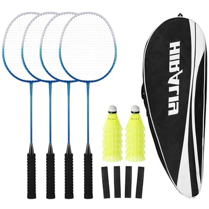 HIRALIY Badminton Rackets for Outdoor Backyard Games, Lightweight Badminton Set of 4 for Kids & Adults & Beginners, Including 4 Rackets, 12 Nylon Shuttlecocks, 4 Replacement Grip Tapes, 1 Carrying Bag by HIRALIY - Used - Acceptable condition - CA$22.47