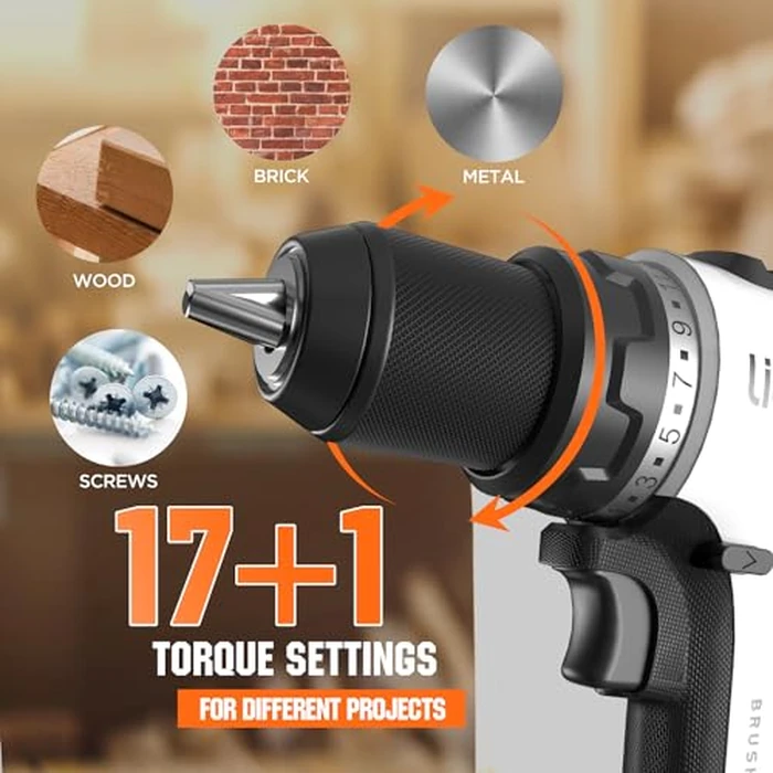 Litheli 20V Brushless Cordless Drill Driver, 530 in-lbs High Torque Power Drill, 1/2" Keyless Chuck, 2000 RPM, 2.0Ah Battery with Power Bank, Type-C Charging, Lightweight for DIY & Home Use by LiTHELi - Image 3