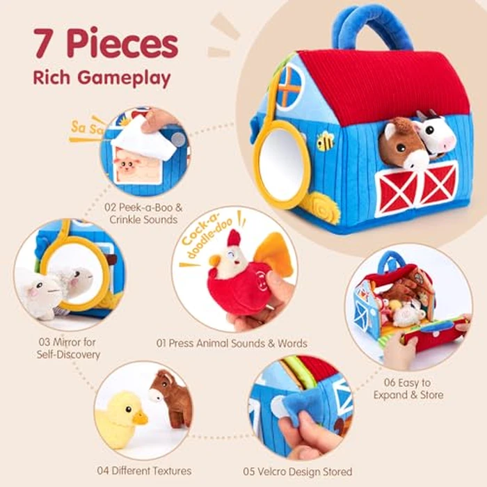 hahaland Baby Toys 6-12 Months - Surprise Barn with Stuffed Farm Animals with Real Sounds - Montessori Toys for 6 Month Old Baby Gifts Toddlers Sensory Toy 1 Year Old Boy Girl Gifts Infant Toys by hahaland - Image 3