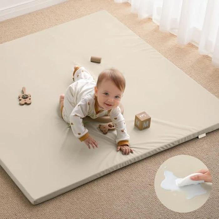 Blissful Diary Vegan Leather Baby Play Mat, 50x50 Thick Foam Cushioned & Waterproof Playpen Mat for Infants and Toddlers, Stylish and Just Wipe-Clean Playmat for Baby Play on Floor, Beige by Blissful Diary - Used - Very Good condition