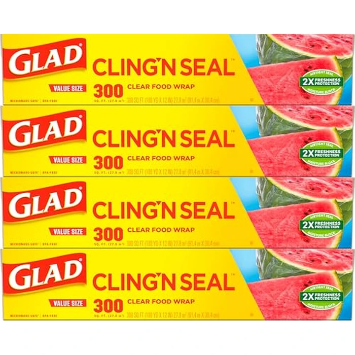 Glad Cling N Seal Plastic Wrap for Food, Airtight Seal, 300 Square Foot Roll (Pack of 4) by Glad - Used - Very Good condition
