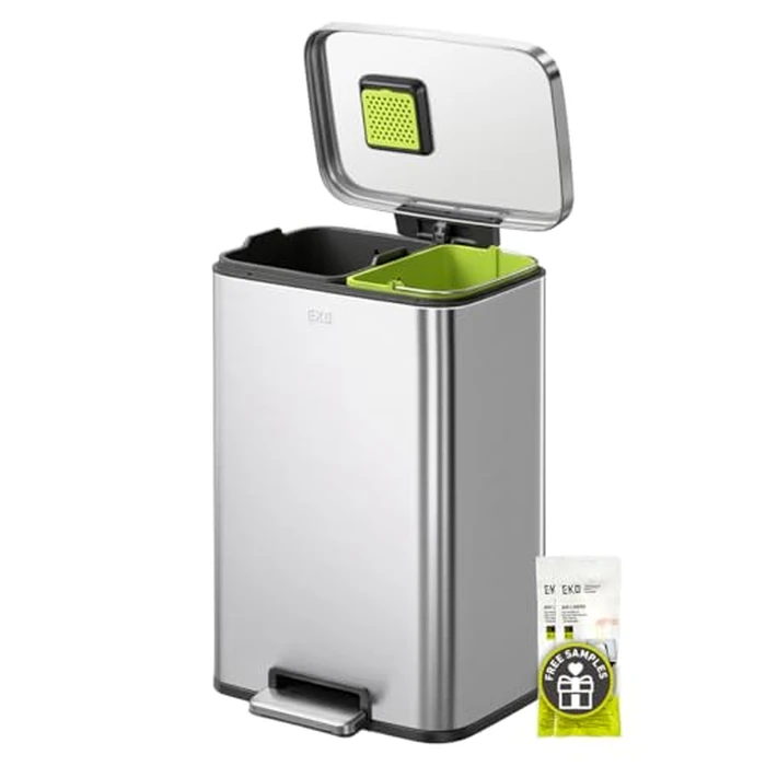 EKO Madison Brushed Stainless 25L+20L Dual Compartment Step Trash Can with Inner Liner, Recycling Bin, Soft-Close Lid, Fingerprint-Resistant Finish, and Durable Stainless Steel for Home and Office by EKO - Image 1