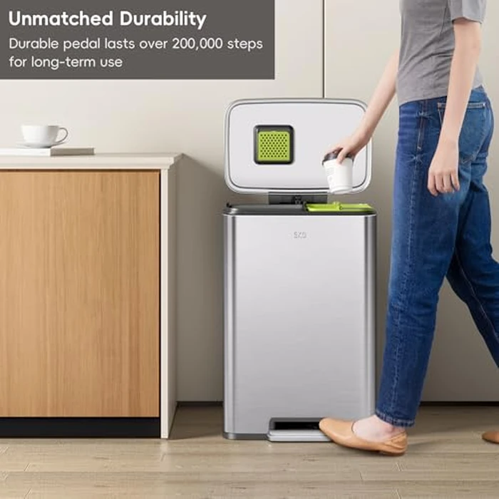 EKO Madison Brushed Stainless 25L+20L Dual Compartment Step Trash Can with Inner Liner, Recycling Bin, Soft-Close Lid, Fingerprint-Resistant Finish, and Durable Stainless Steel for Home and Office by EKO - Image 5