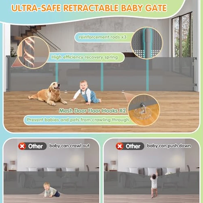 Upgrade 200" Retractable Baby Gates with Reinforced Strip, 34" Tall Mesh Baby Gate to Prevent Crawling Through, Retractable Gate for Indoor and Outdoor by BYUVEVSR - Image 2