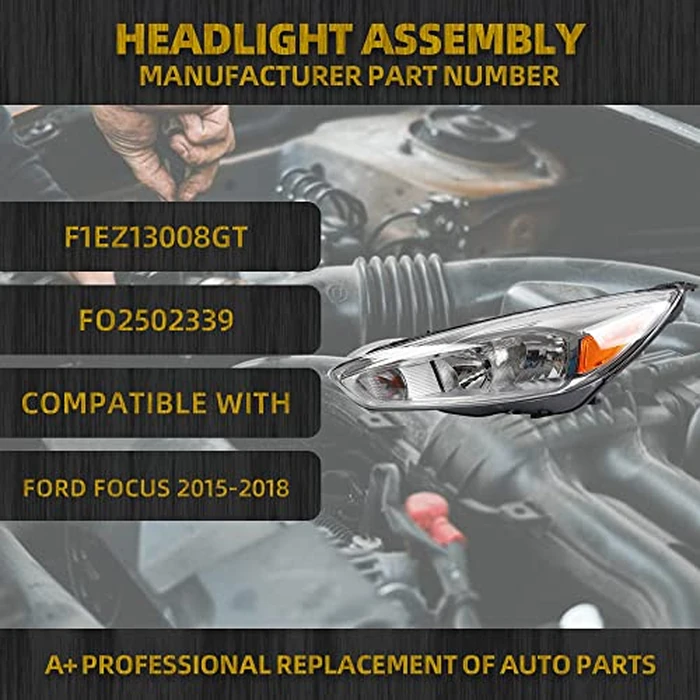 Dasbecan Halogen Headlight Assembly Compatible With Ford Focus 3rd Gen 2015-2018 w/o LED DRL Left Driver Side Chrome Headlamp Replaces# F1EZ13008GT FO2502339 by Dasbecan - Image 2