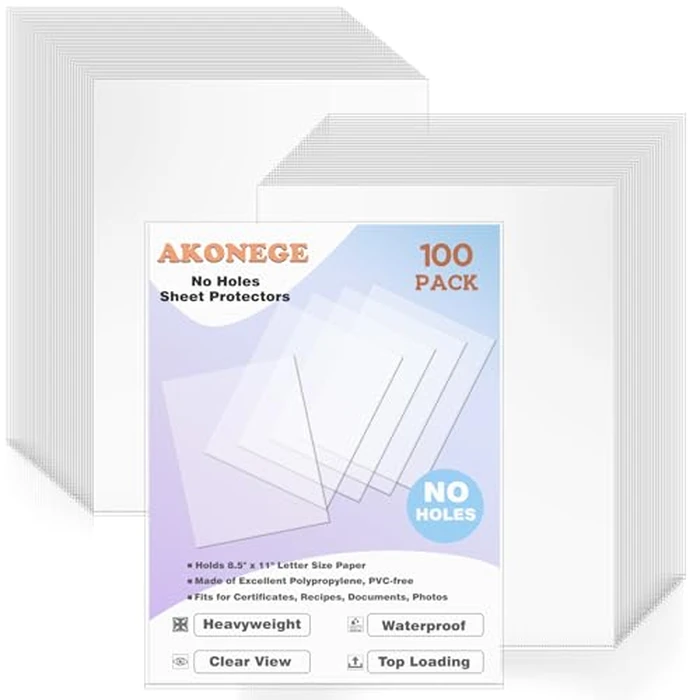AKONEGE 100 Pack No Holes Sheet Protectors, 8.5 x 11 Inch Letter Size, Polypropylene (PP), Top Loading, Heavyweight Plastic, Clear View, Document & Artwork Protectors by AKONEGE - Image 1