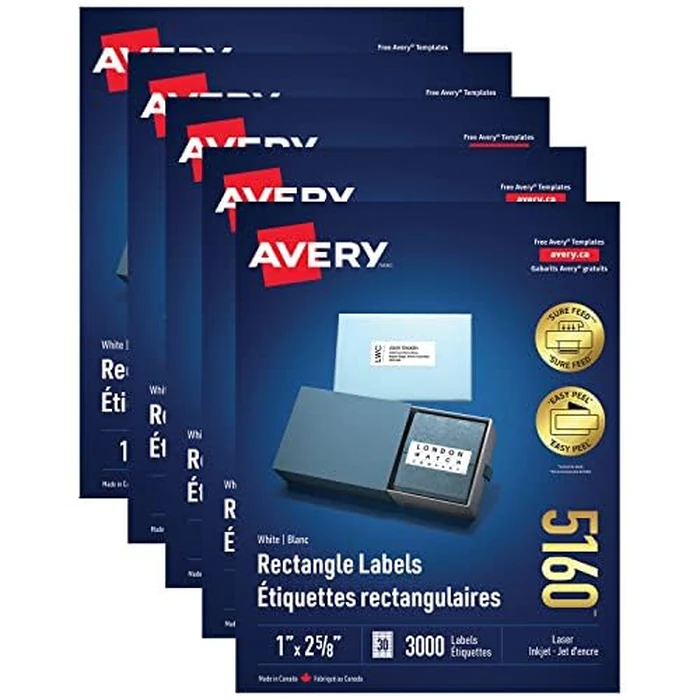 Avery 1" x 2-5/8" Bulk Addressing Labels, 15,000 Labels with Easy Peel, Laser/Inkjet Printers, White Rectangle Blank Labels, (5160), Great for FBA Labels (5 Packs of 5160), Made in Canada by Avery - Image 1