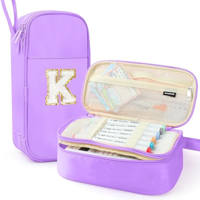 Nuozme Large Pencil Case,Big Capacity Pencil Pouch,Personalized Initial Pencil Bag with smooth zipper,Multiple Pockets,Cute Aesthetic Stationery Pen Case Bag for Teen Girls College (Purple, K) by Nuozme - Image 1