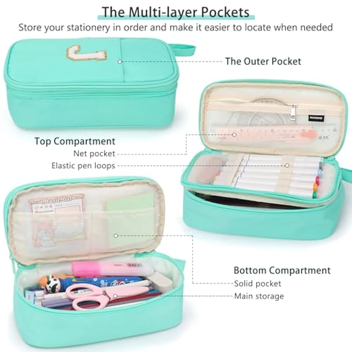 Nuozme Large Pencil Case,Big Capacity Pencil Pouch,Personalized Initial Pencil Bag with smooth zipper,Multiple Pockets,Cute Aesthetic Stationery Pen Case Bag for Teen Girls College (Purple, K) by Nuozme - Image 5