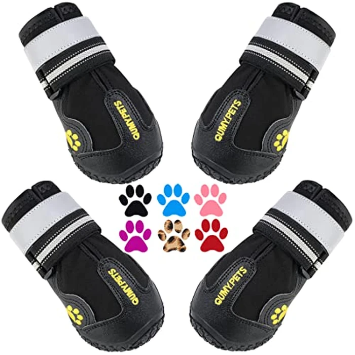 QUMY Dog Boots Waterproof Shoes for Dogs with Reflective Strips Rugged Anti-Slip Sole 4PCS/Set (Black, Size 1: 1.7''x2.2''(W*L) (Pack of 4)) by QUMY - Used - Good condition - CA$24.71