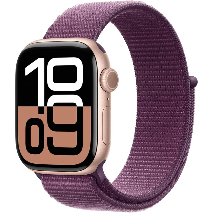 Apple Watch Series 10 (Cellular + GPS) - 64GB - 46mm - Rose Gold Aluminum Case with Plum Rubber Sport Loop Band - One Size by Apple - Image 1