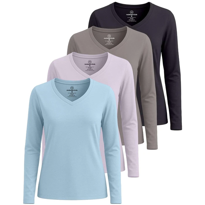 Real Essentials 4 Pack: Women’s Cotton Long Sleeve V-Neck T-Shirts - Soft Casual Lounge Tee Tops, Set 1, XX-Large by Real Essentials - Used - Like New condition - US$31.34