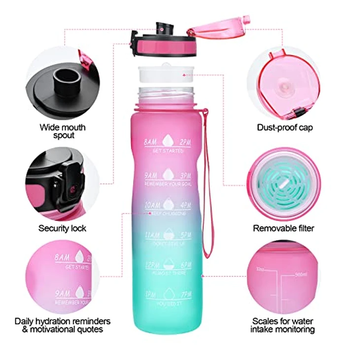 VOZZBEE Water Bottles, 32oz Motivational Water Bottle with Time Markings, Leakproof Tritan Sports Water Bottle with Large Spout & Gift Idea for Fitness Outdoors by VOZZBEE - Image 3