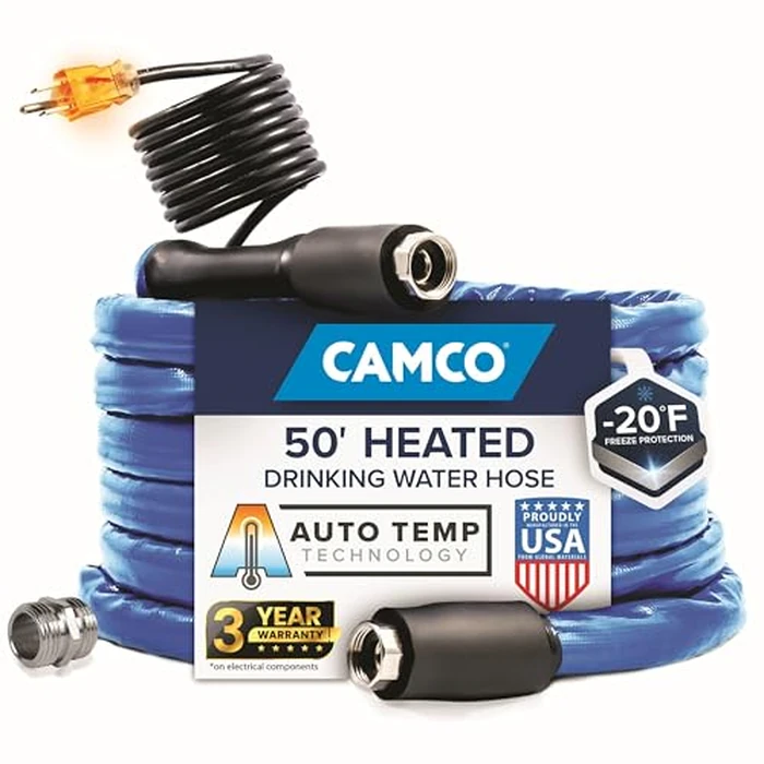 Camco 50' Heated Water Hose for RV - Prevents Freezing Down to -20 degrees - Certified for Drinking Water & Lead-Free - Great for Campers, Livestock, Agriculture, Kennels, etc. - 5/8" ID (22912) by Camco - Image 1